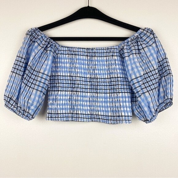 Lulu's Delightful Disposition Blue Plaid Smocked Puff Sleeve Crop Top Size S - Picture 5 of 9